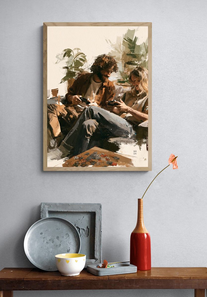 Cozy Gaming Couple Illustration Poster. — room view 3