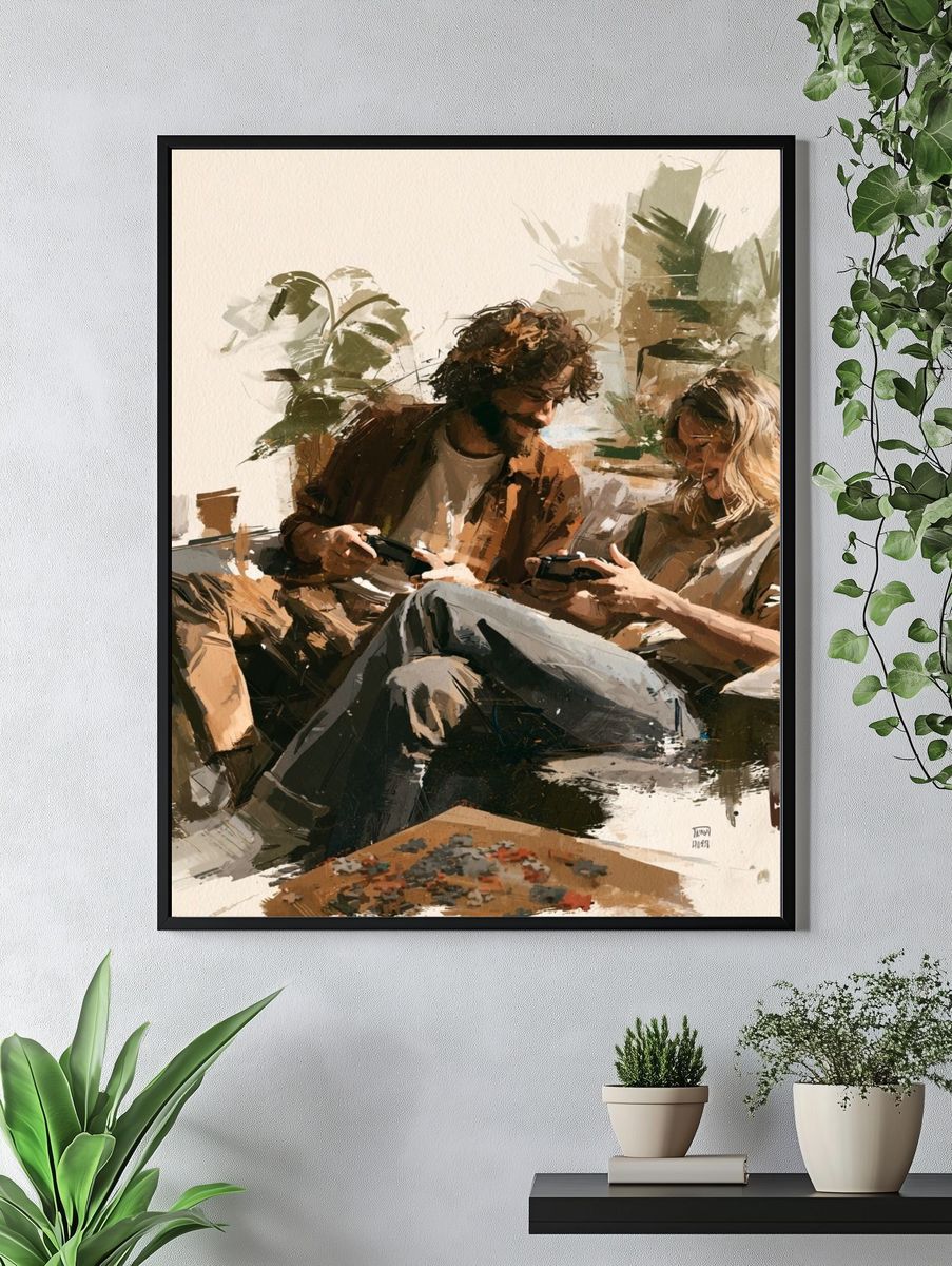 Cozy Gaming Couple Illustration Poster. — room view 4