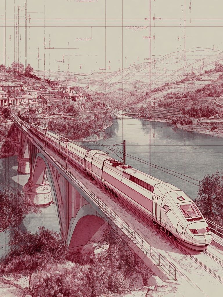 High-Speed Train Bridge Illustration Poster. poster detail