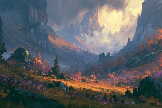 Fantasy Mountain Valley Illustration Poster. poster detail