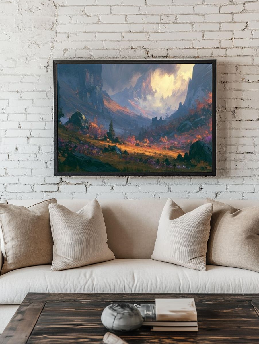 Fantasy Mountain Valley Illustration Poster. room preview