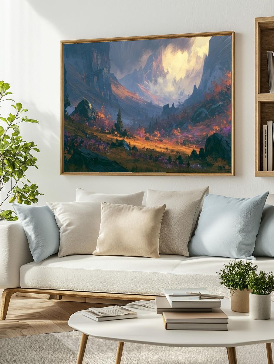 Fantasy Mountain Valley Illustration Poster. — room view 2