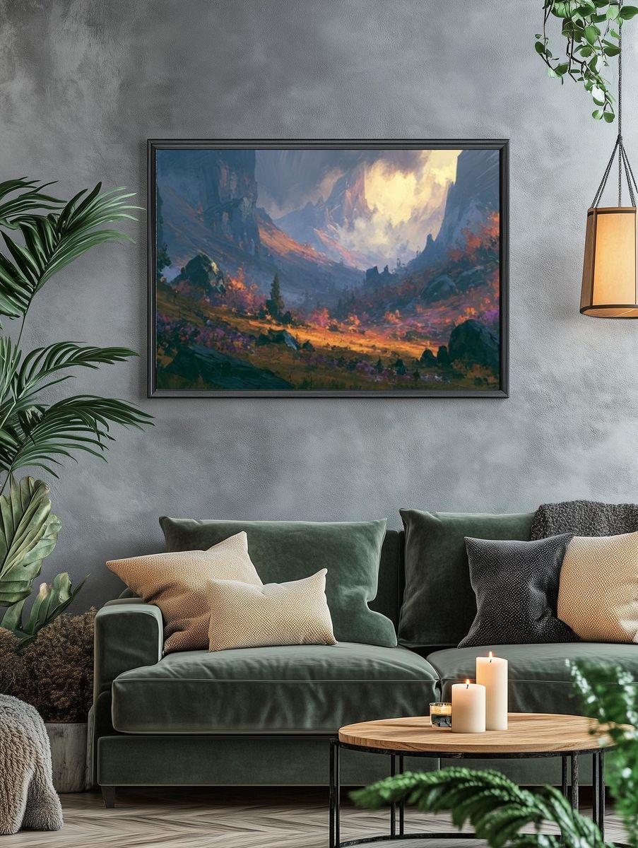 Fantasy Mountain Valley Illustration Poster. — room view 4