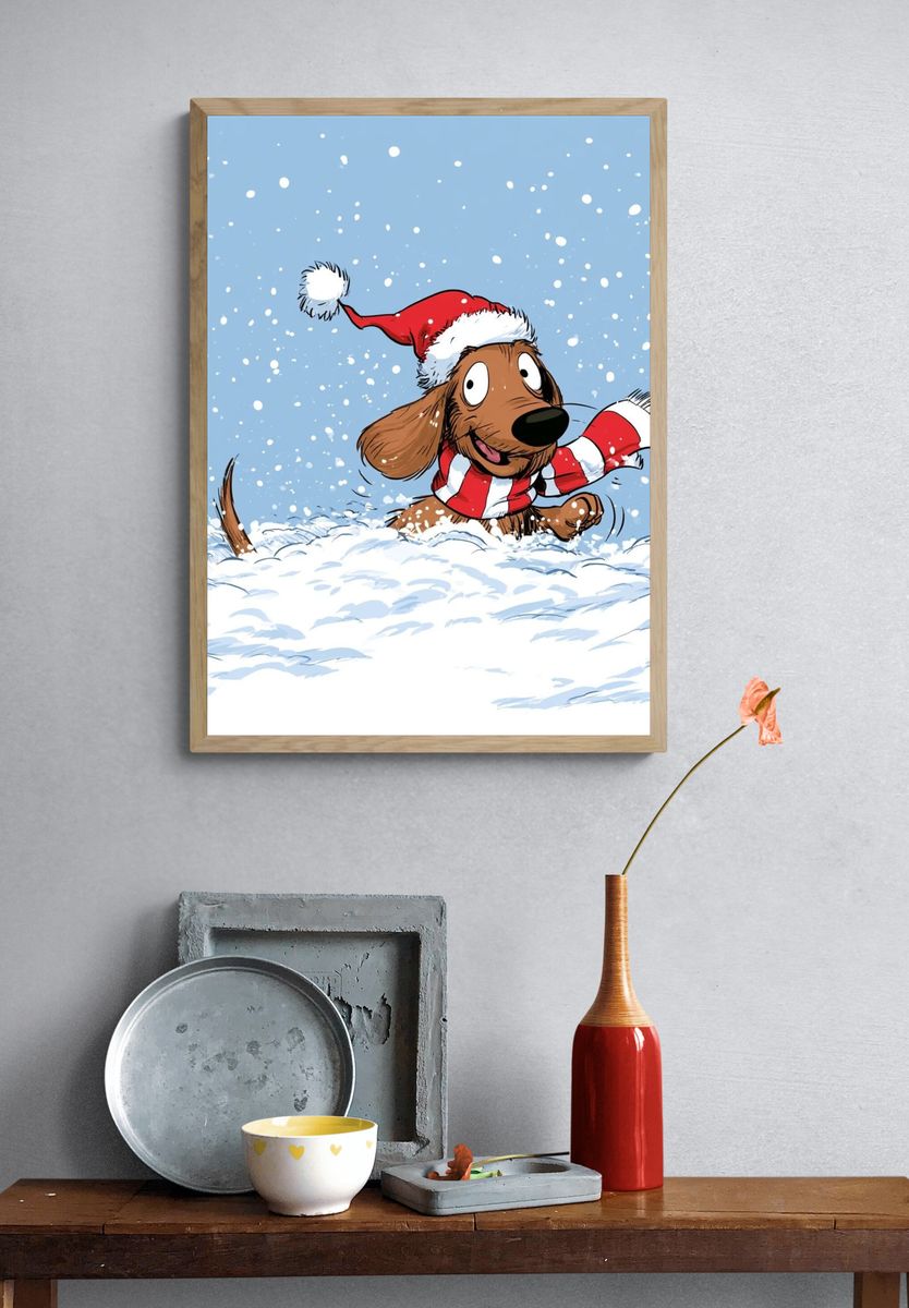 Christmas Dachshund Cartoon Poster. — room view 3