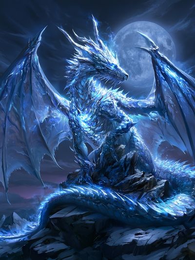 Moonlit Ice Dragon Digital Art Poster.