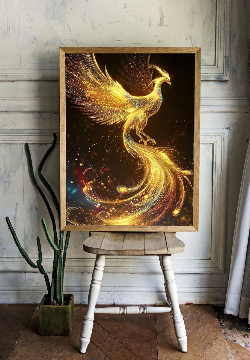 Golden Phoenix Digital Art Poster. — room view 1