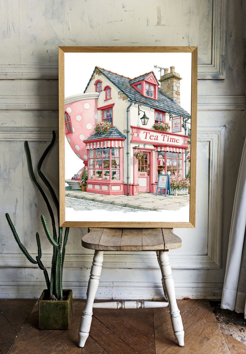 Pink Tea Shop Watercolor Print. — room view 1