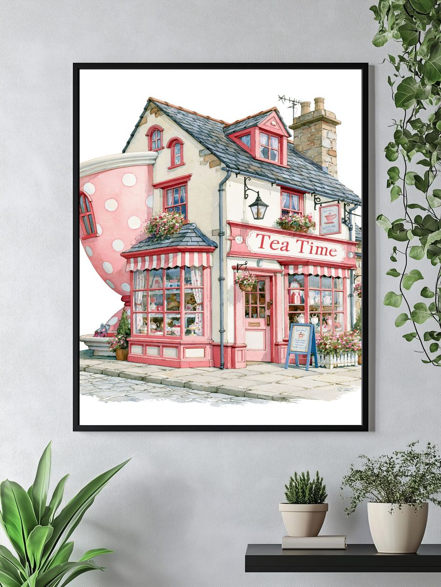Pink Tea Shop Watercolor Print. — room view 4