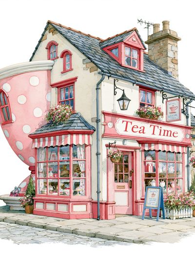 Pink Tea Shop Watercolor Print. poster