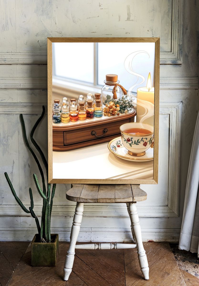 Tea and Candle Still Life Illustration Poster. — room view 1