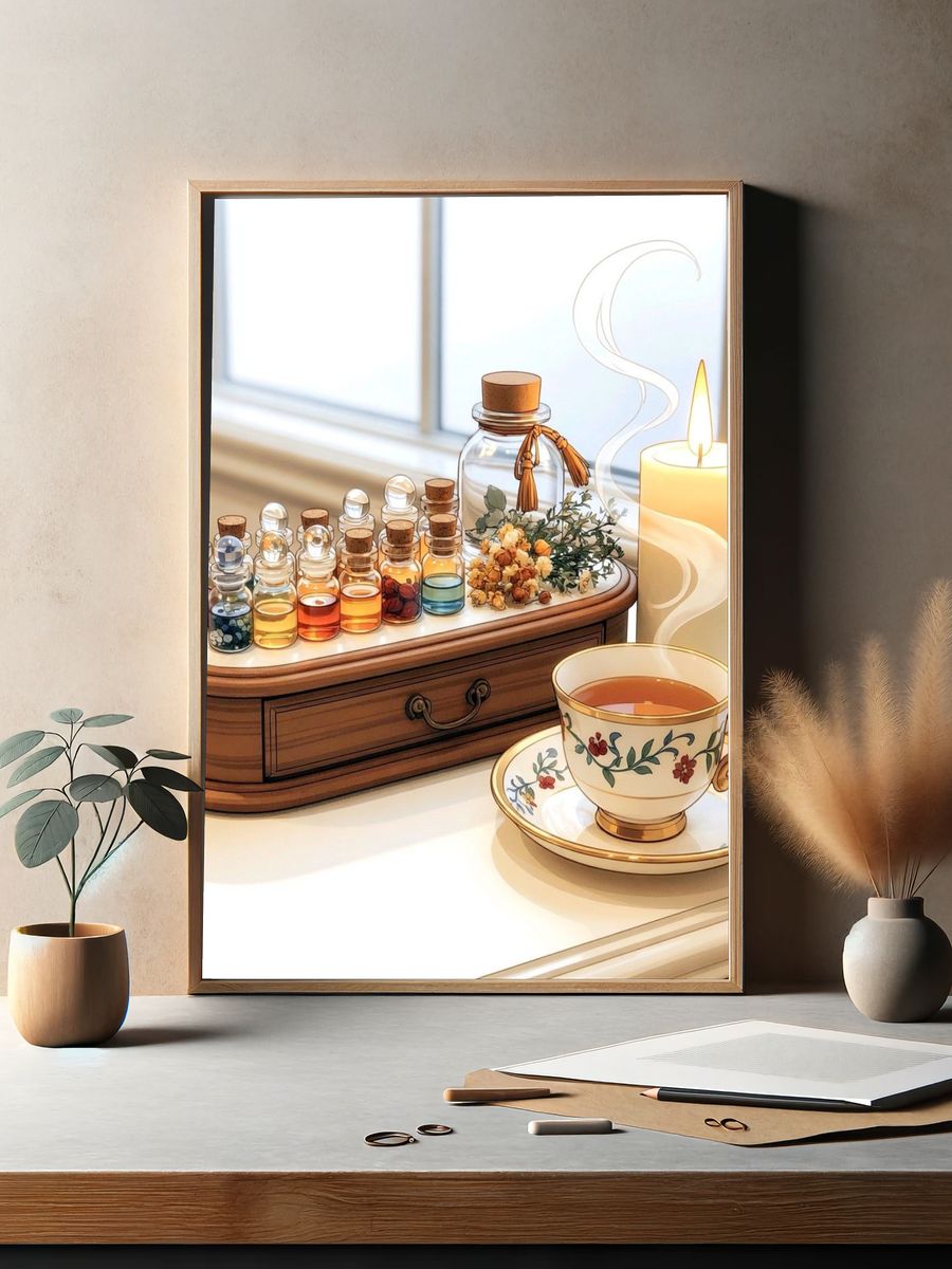 Tea and Candle Still Life Illustration Poster. — room view 2