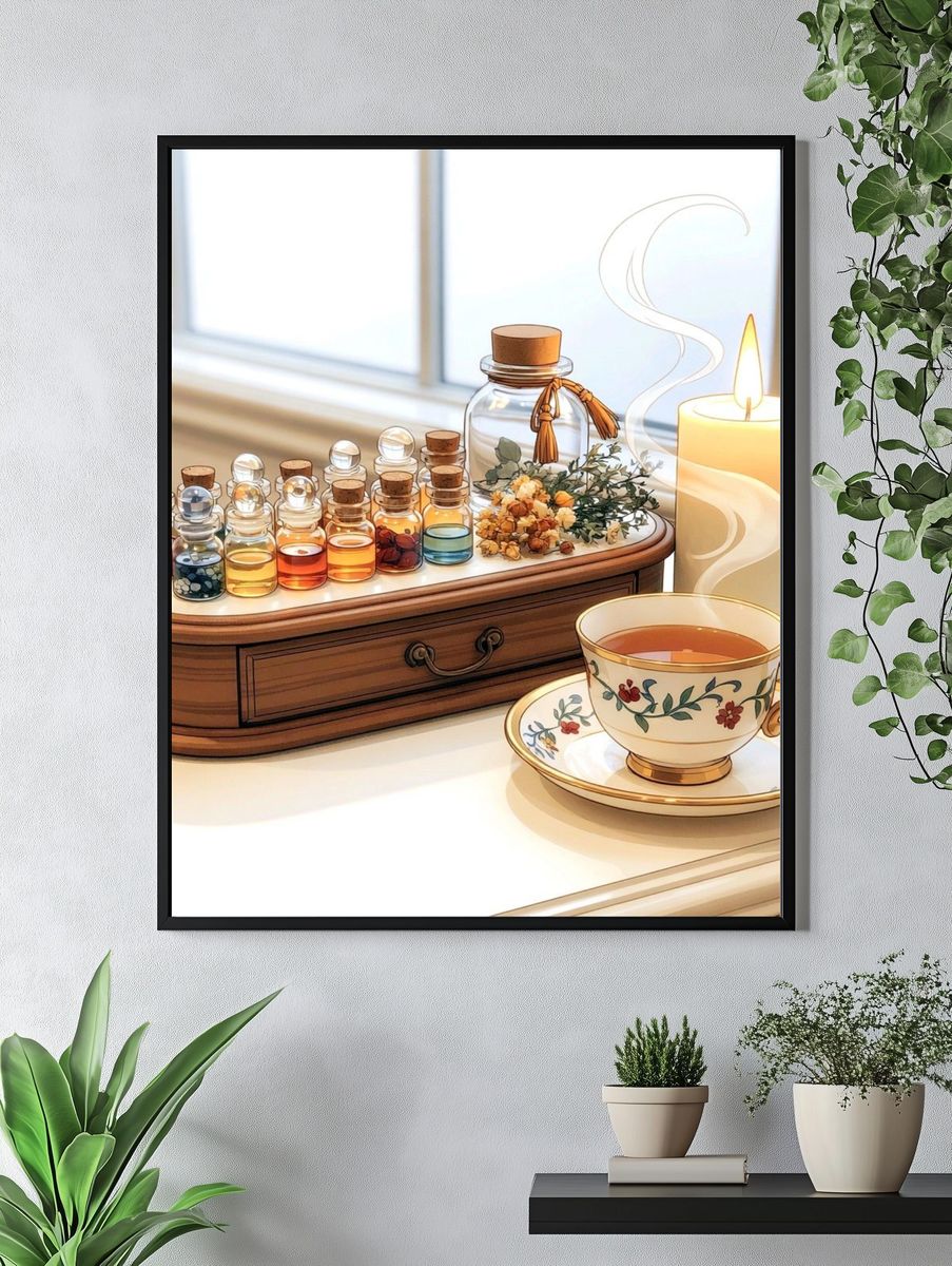 Tea and Candle Still Life Illustration Poster. — room view 4