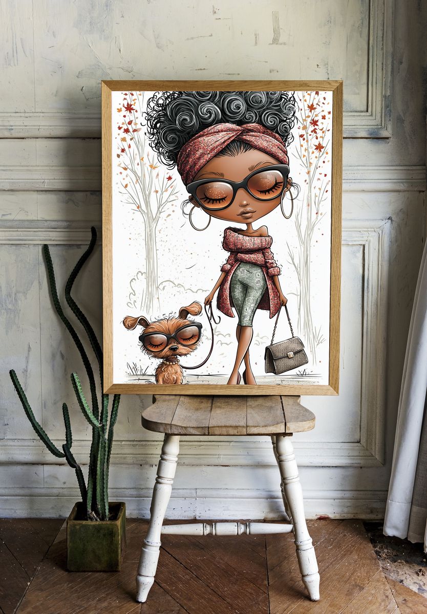 Stylish Fashion Girl and Dog Illustration Poster. — room view 1