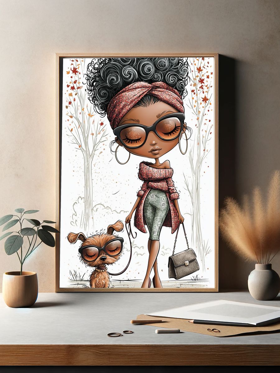 Stylish Fashion Girl and Dog Illustration Poster. — room view 2