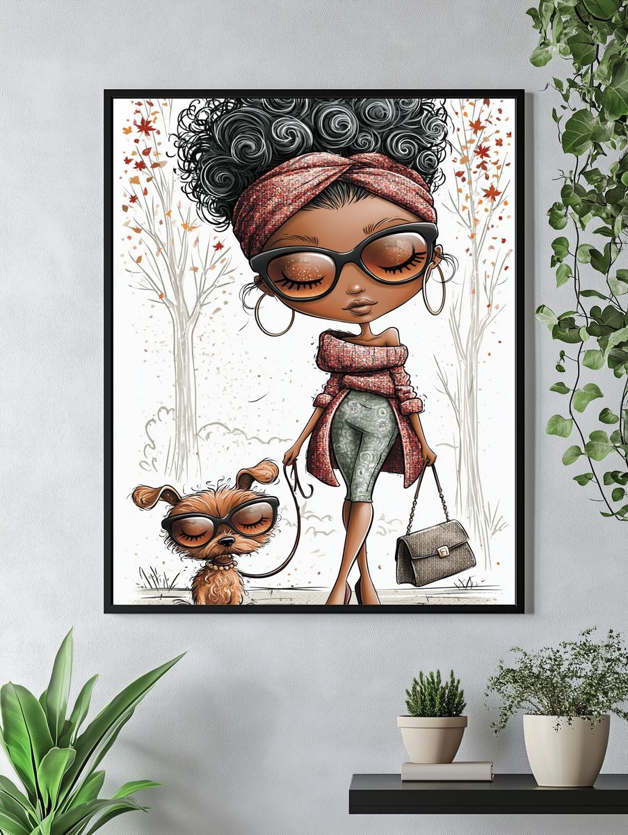 Stylish Fashion Girl and Dog Illustration Poster. — room view 4