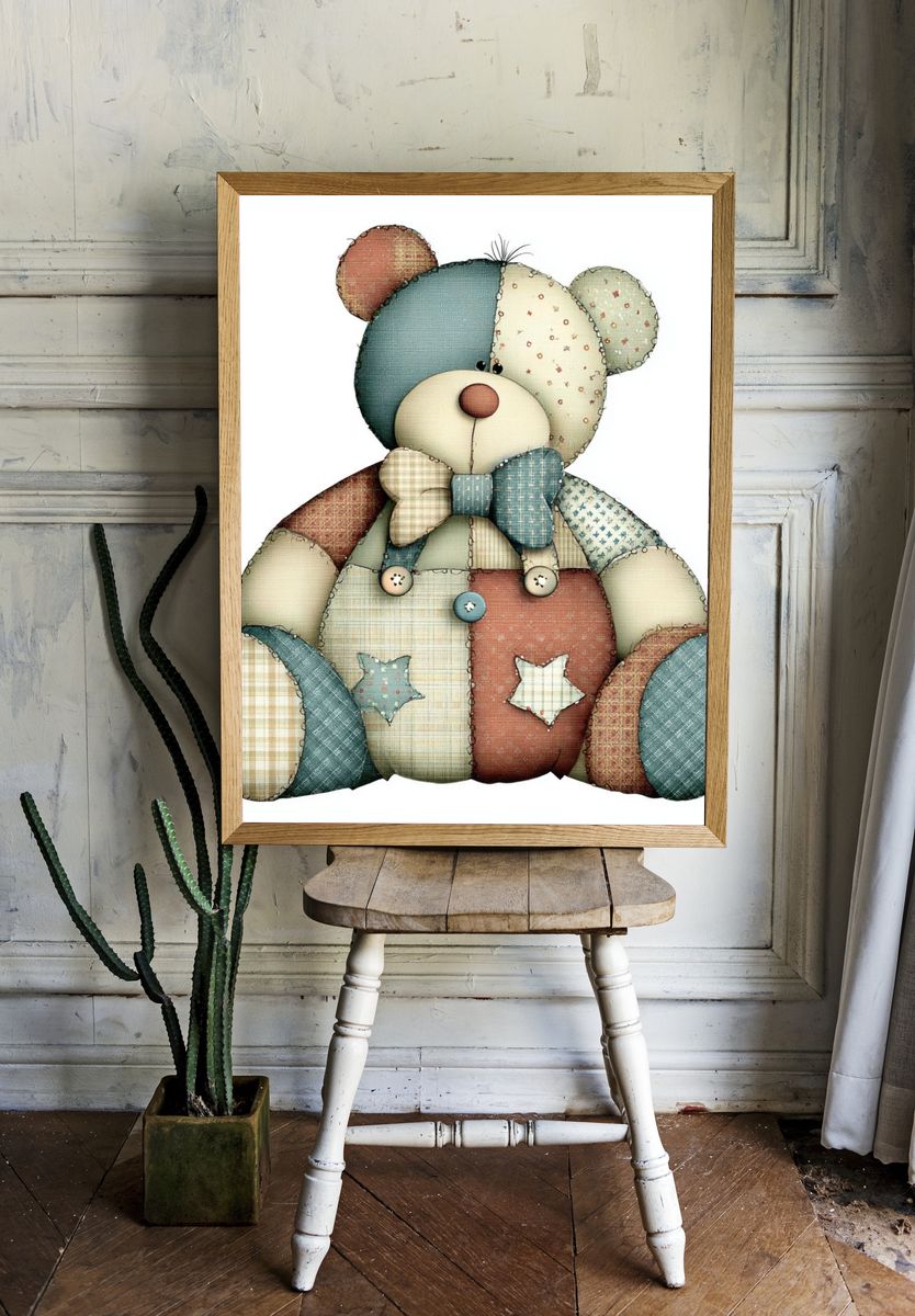 Patchwork Teddy Bear Illustration Poster room preview