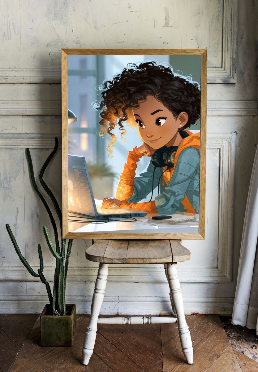 Young Coder at Laptop Illustration Poster. — room view 1