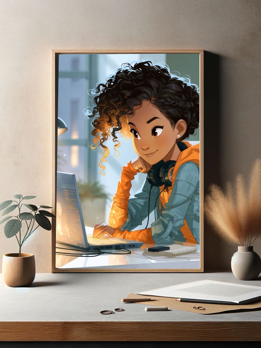 Young Coder at Laptop Illustration Poster. — room view 2