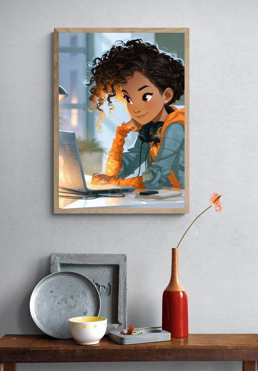 Young Coder at Laptop Illustration Poster. — room view 3