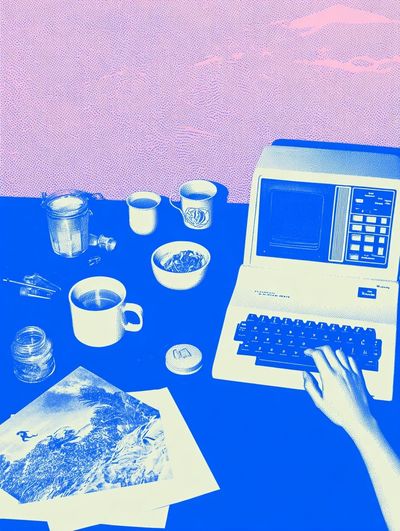 Retro Computer Desk Illustration Poster. poster print