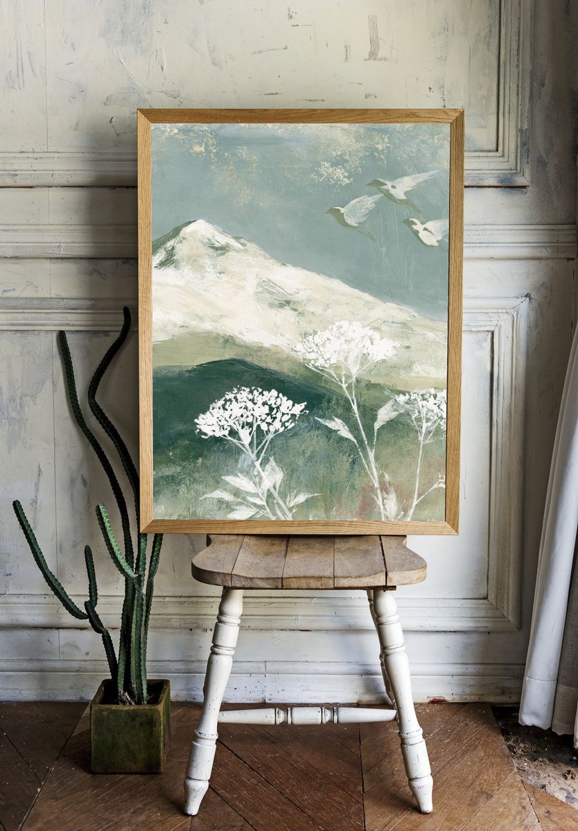 Misty Mountain Birds Illustration Poster. room preview