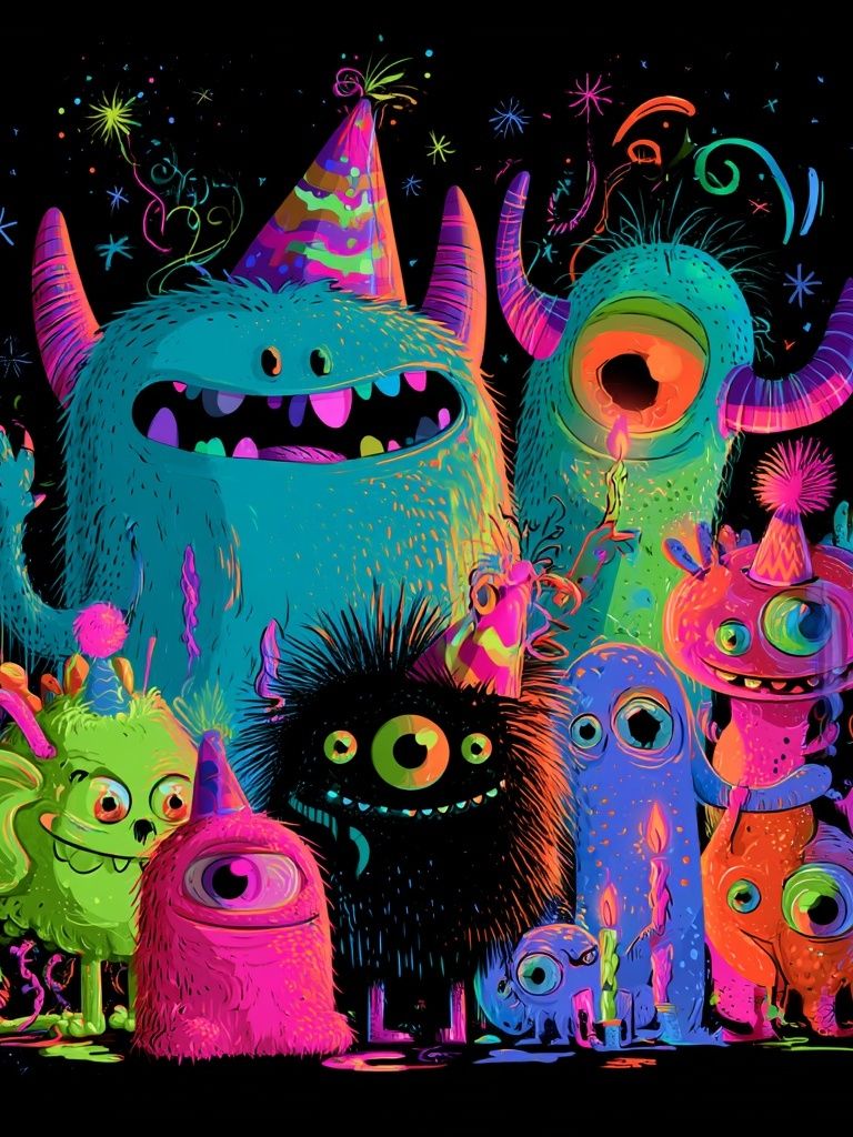Neon Monster Party Illustration Poster. poster detail