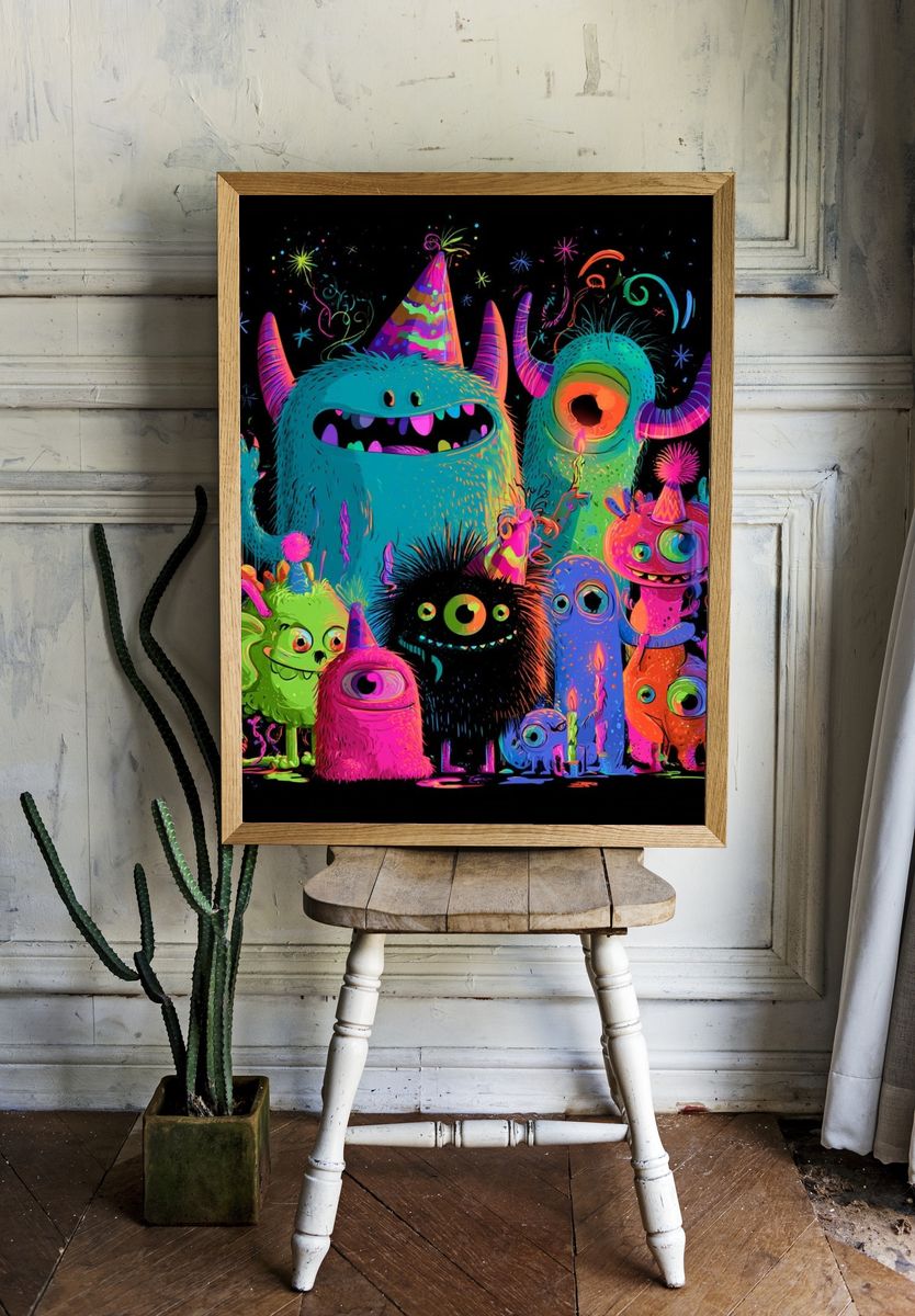 Neon Monster Party Illustration Poster. room preview