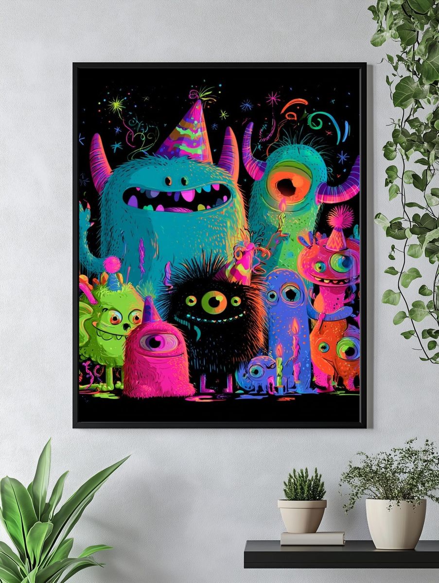 Neon Monster Party Illustration Poster. — room view 4