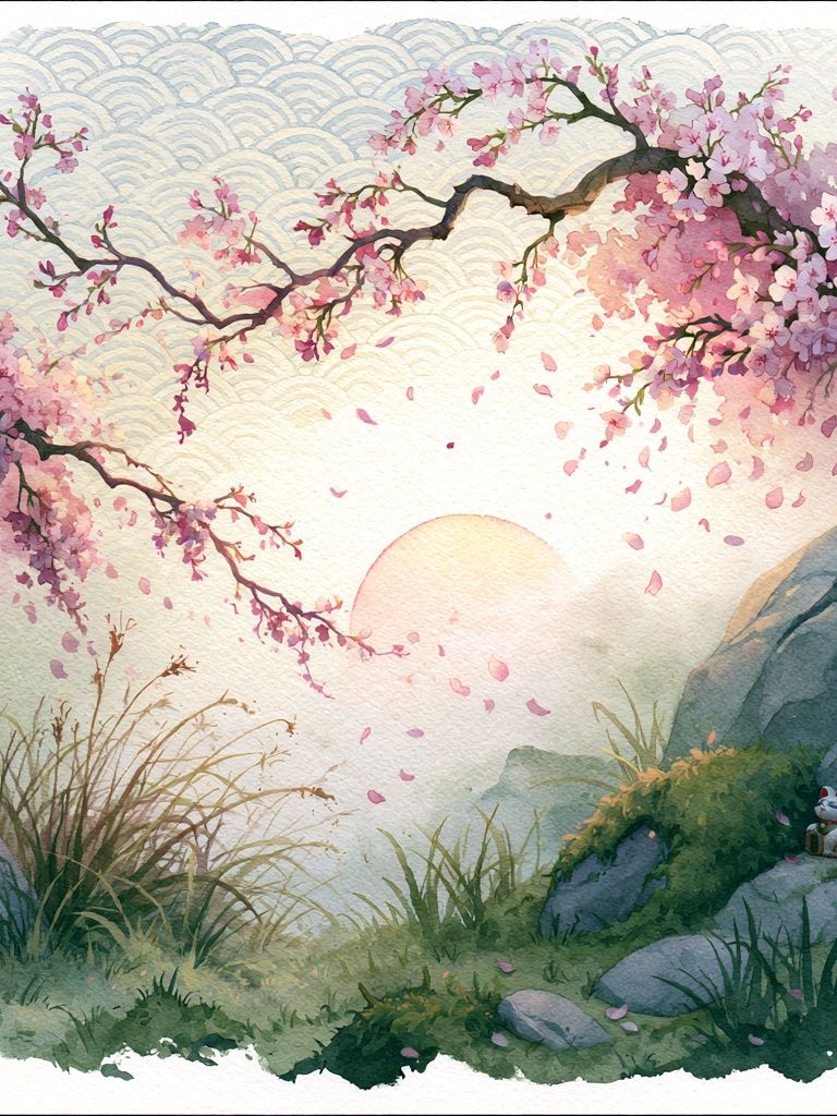 Cherry Blossom Sunrise Illustration Print. poster detail