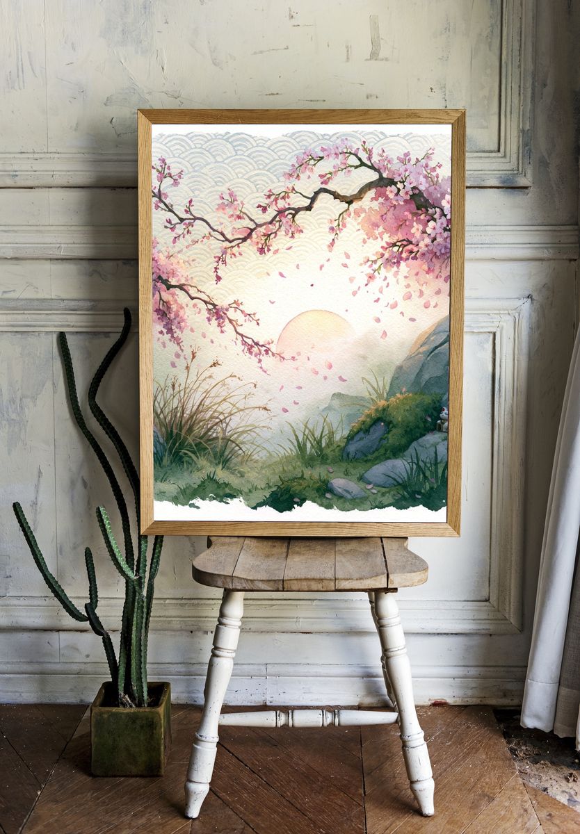 Cherry Blossom Sunrise Illustration Print. room preview