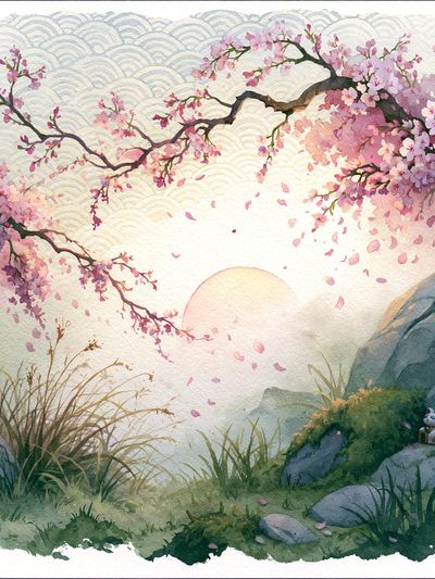 Cherry Blossom Sunrise Illustration Print. poster