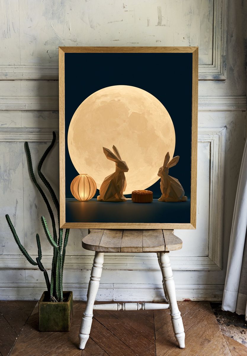 Moonlit Rabbits Illustration Poster. — room view 1