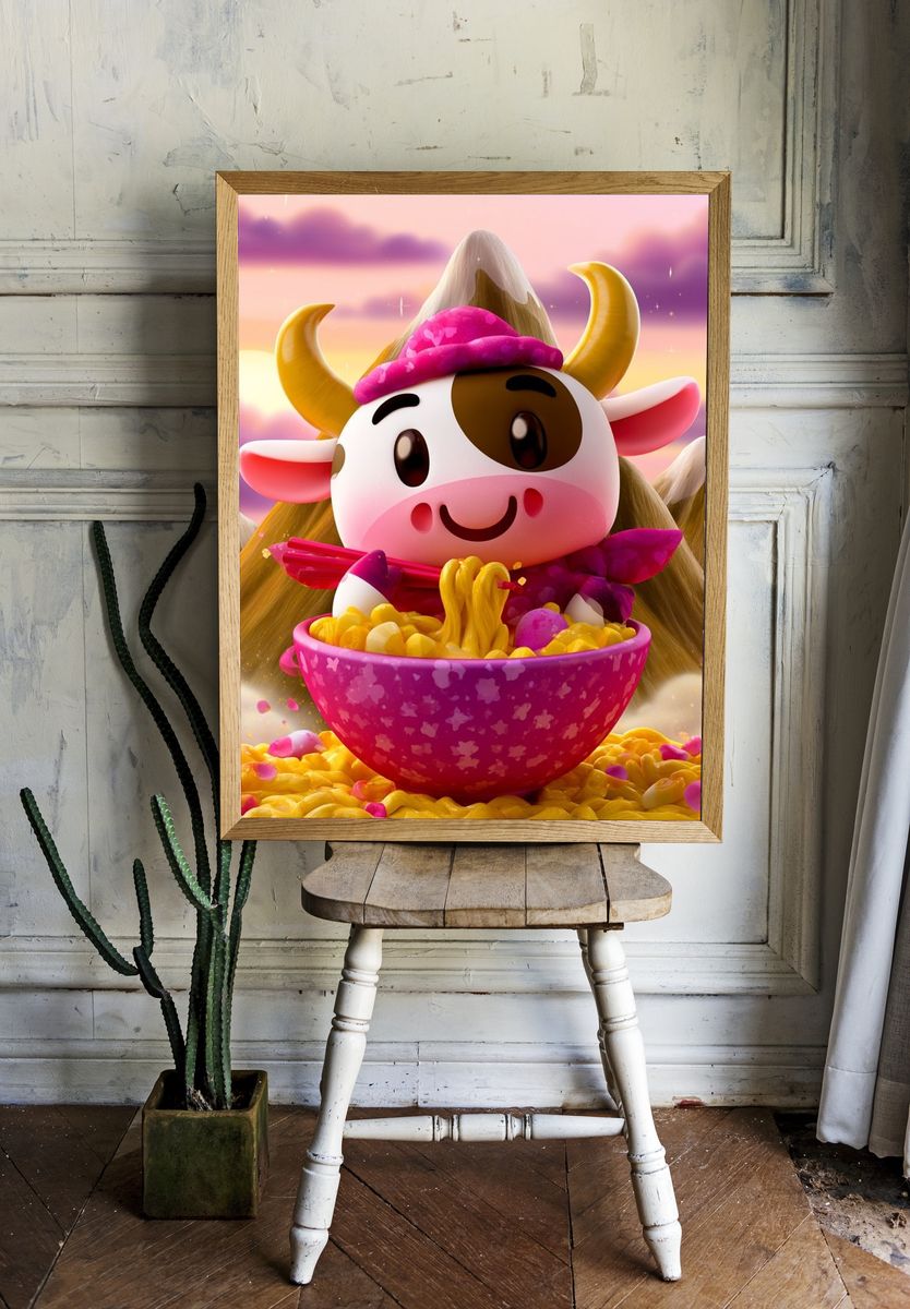 Cute Cow Noodle Bowl Illustration Poster. — room view 1