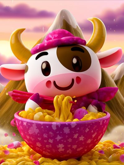 Cute Cow Noodle Bowl Illustration Poster. poster