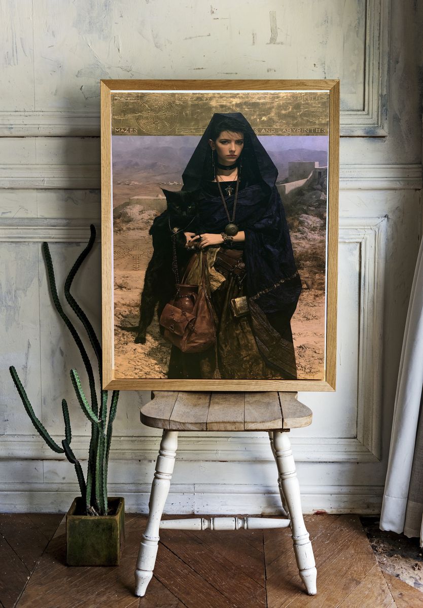 Mystic Woman with Cat Illustration Print. — room view 1