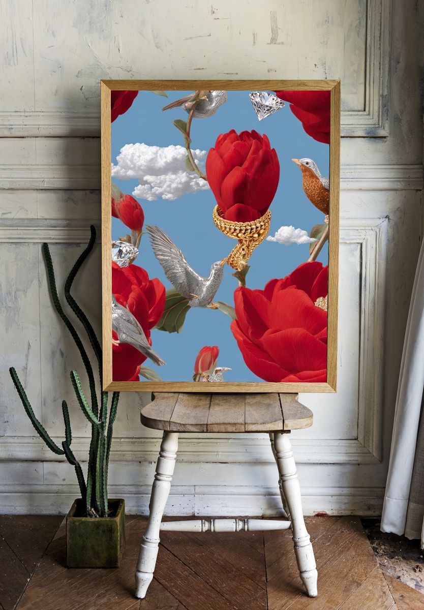 Surreal Floral Birds Print. room preview