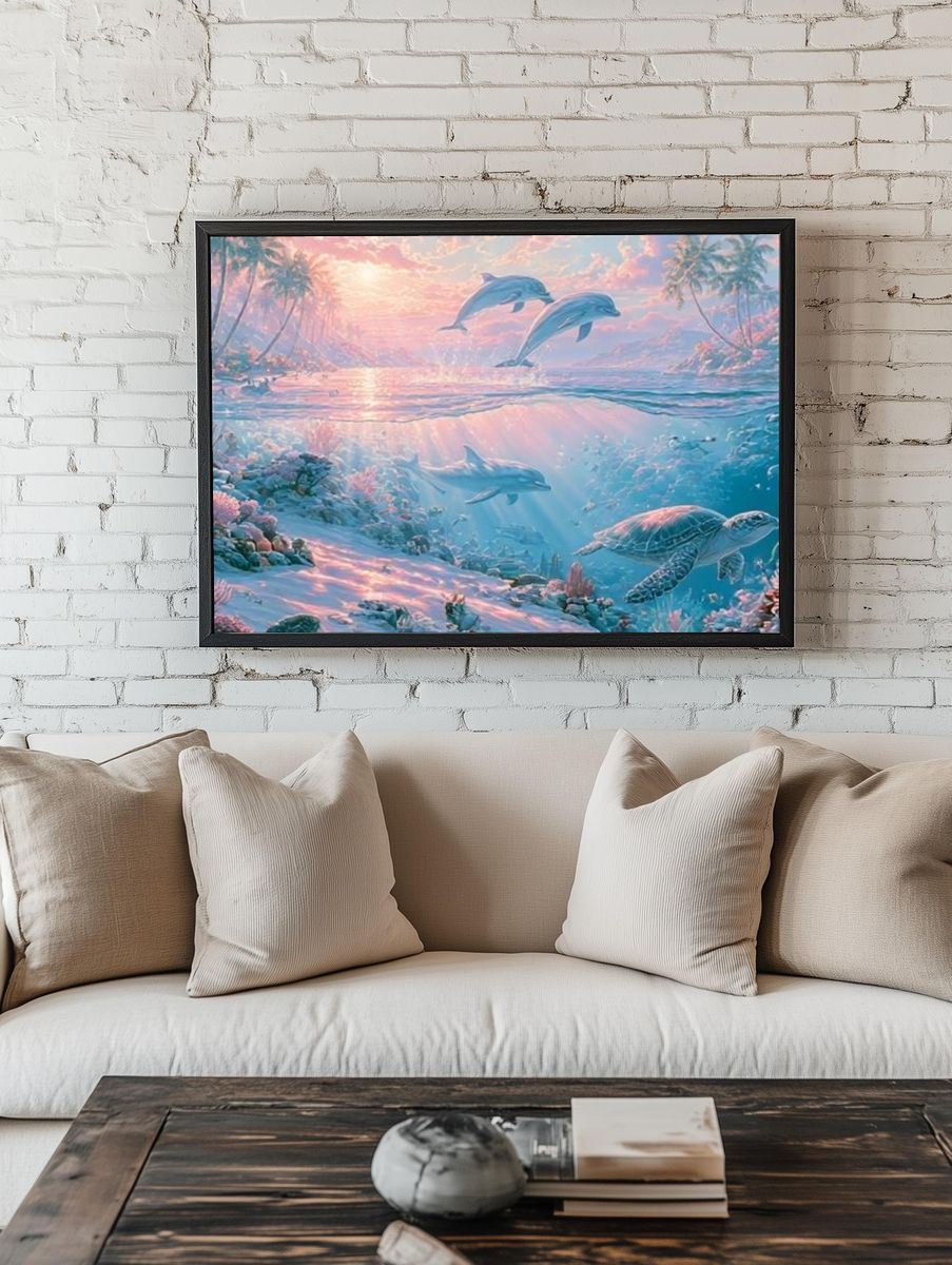 Dolphins at Sunrise Illustration Poster. room preview