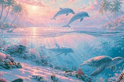 Dolphins at Sunrise Illustration Poster.