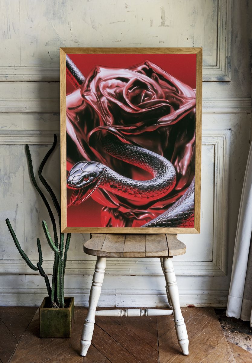 Crimson Snake Rose Illustration Poster. room preview