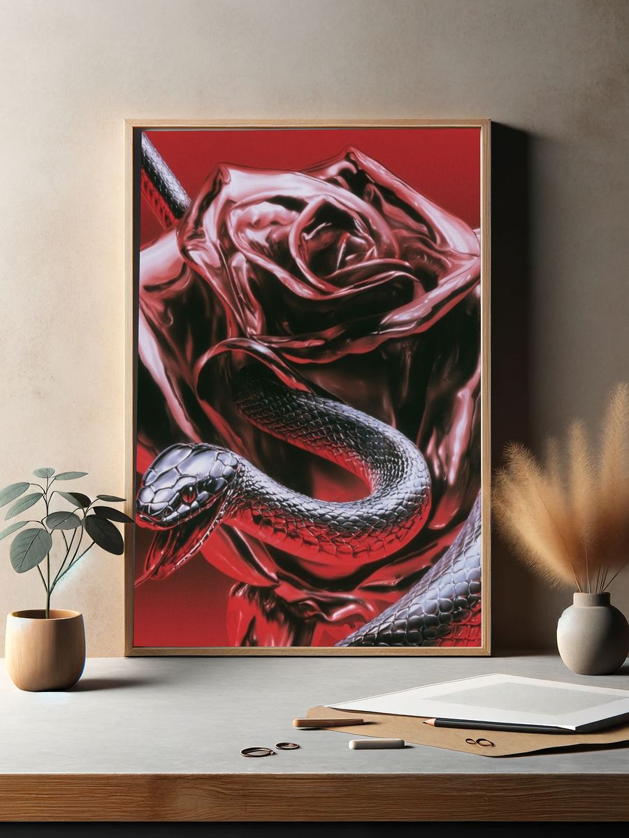 Crimson Snake Rose Illustration Poster. — room view 2