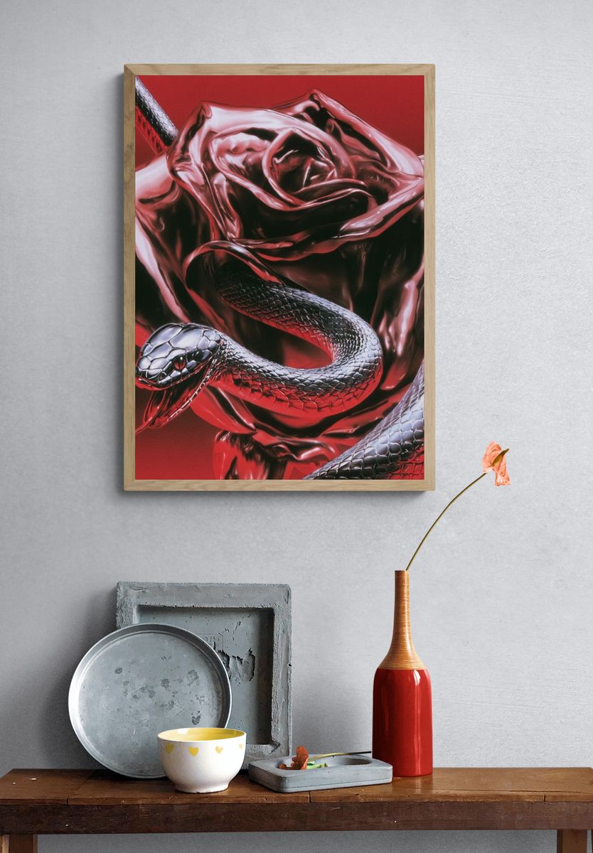 Crimson Snake Rose Illustration Poster. — room view 3