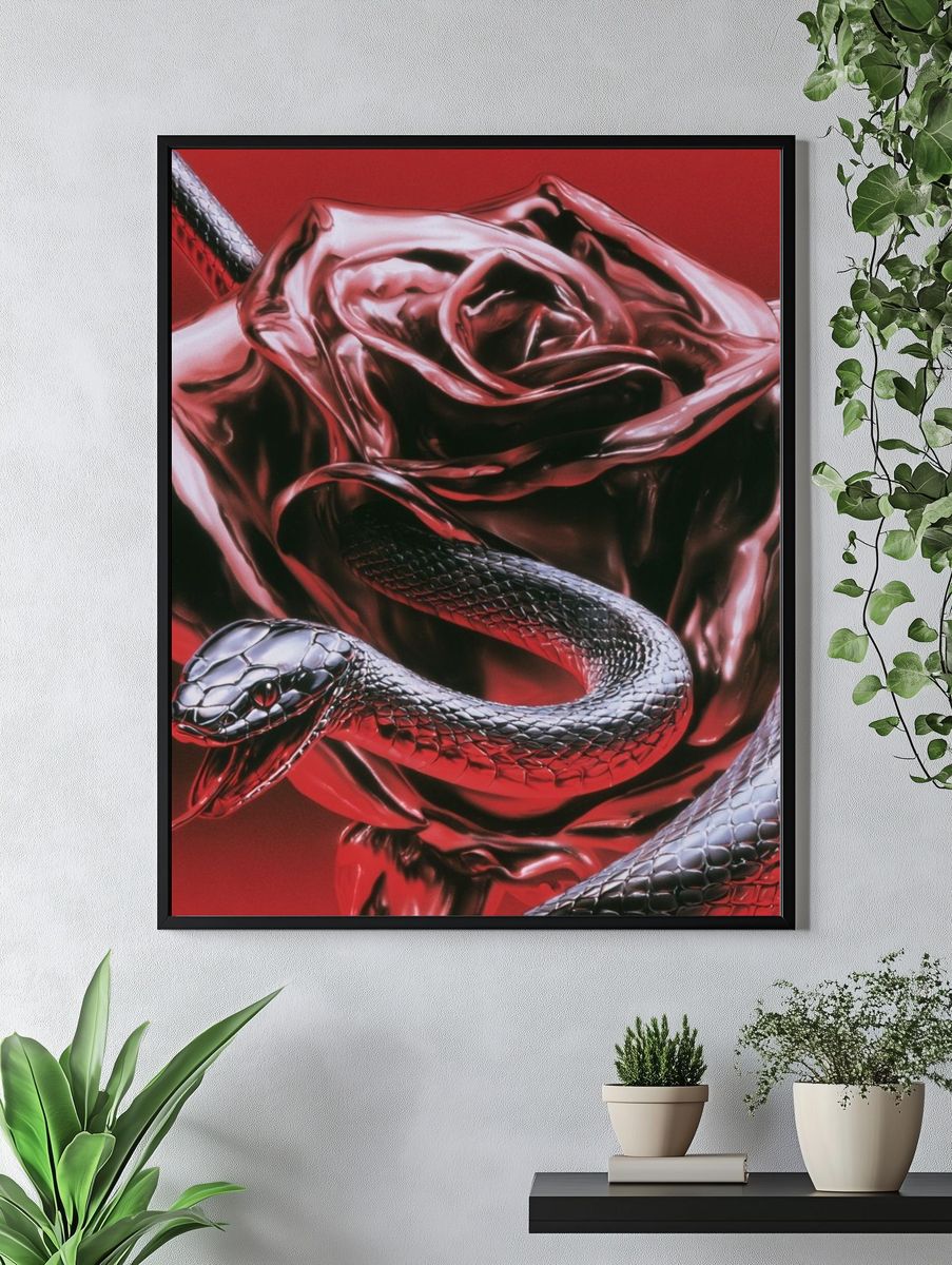 Crimson Snake Rose Illustration Poster. — room view 4