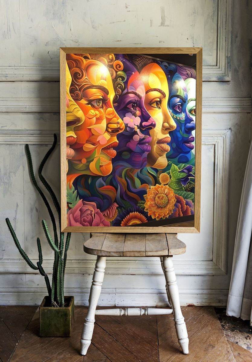Rainbow Faces Floral Illustration Poster. — room view 1