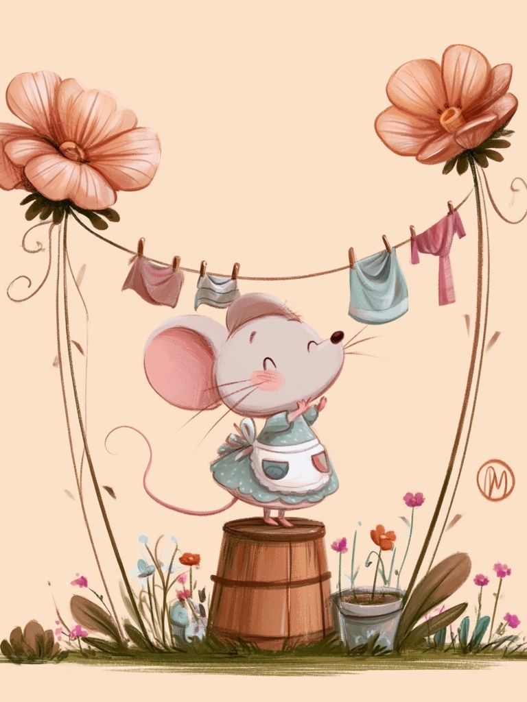 Mouse Garden Clothesline Illustration Poster. poster detail