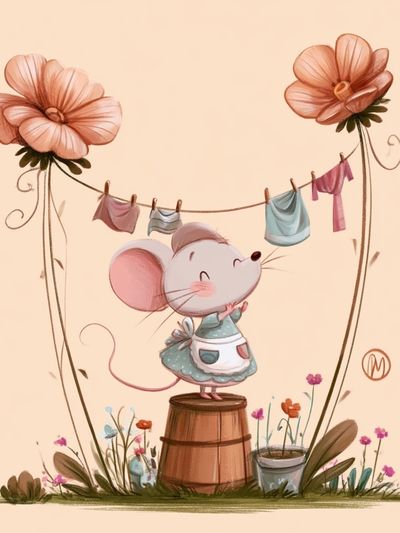 Mouse Garden Clothesline Illustration Poster. poster