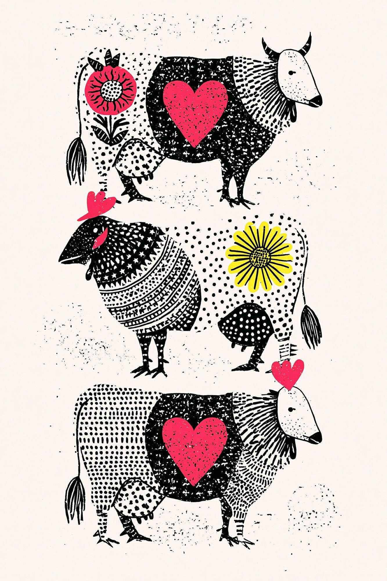 Folk Cow Hearts Illustration Poster. poster — illustration art