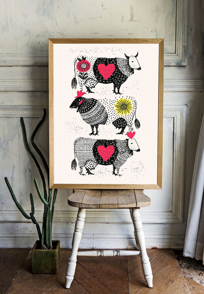 Folk Cow Hearts Illustration Poster. room preview