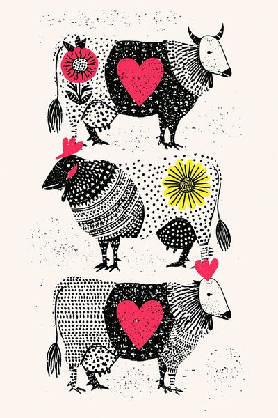 Folk Cow Hearts Illustration Poster. poster