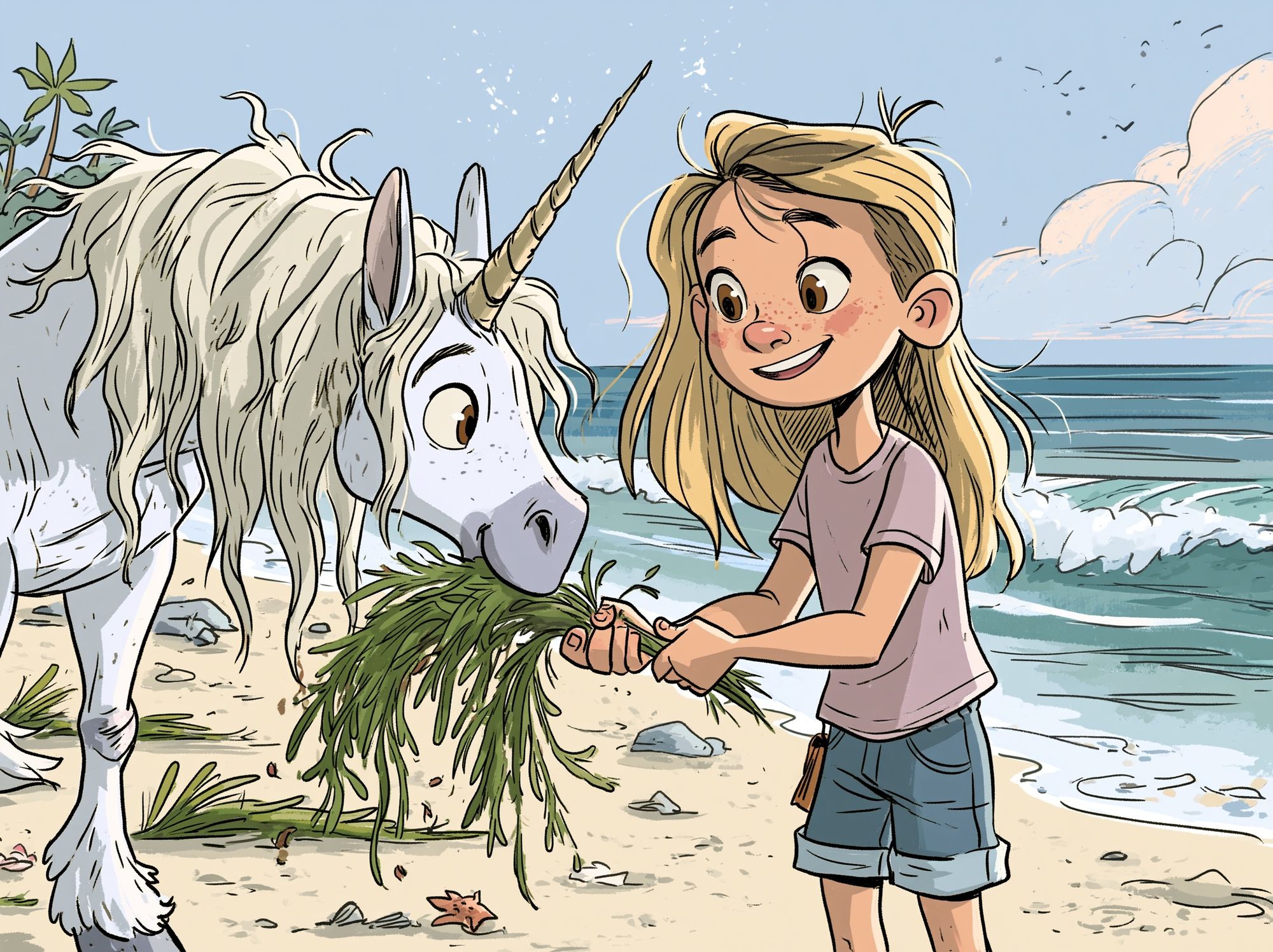 Girl and Unicorn Beach Illustration Poster. poster — illustration art