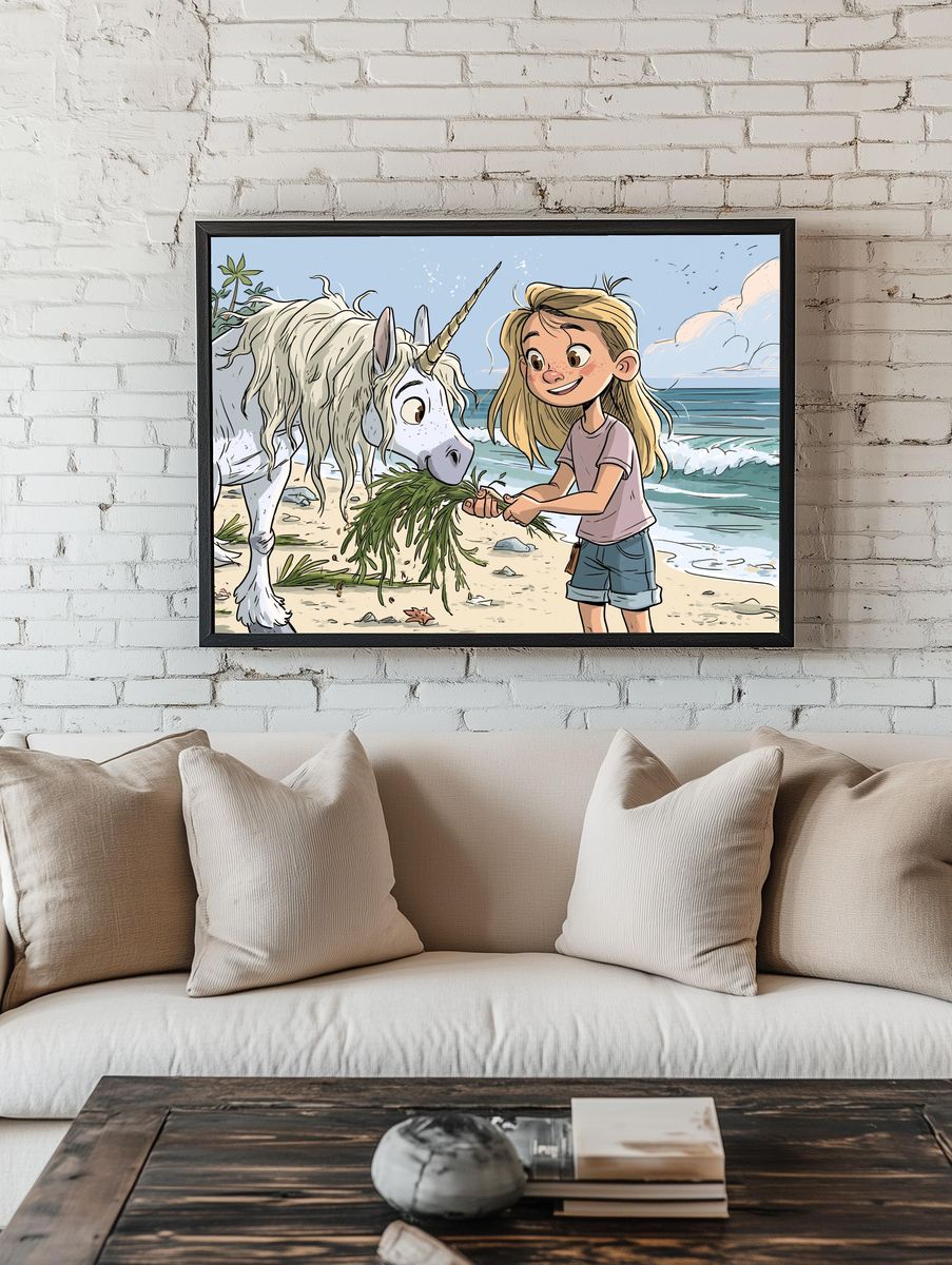 Girl and Unicorn Beach Illustration Poster. — room view 1